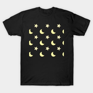 Moon and Star Pattern in Black T-Shirt